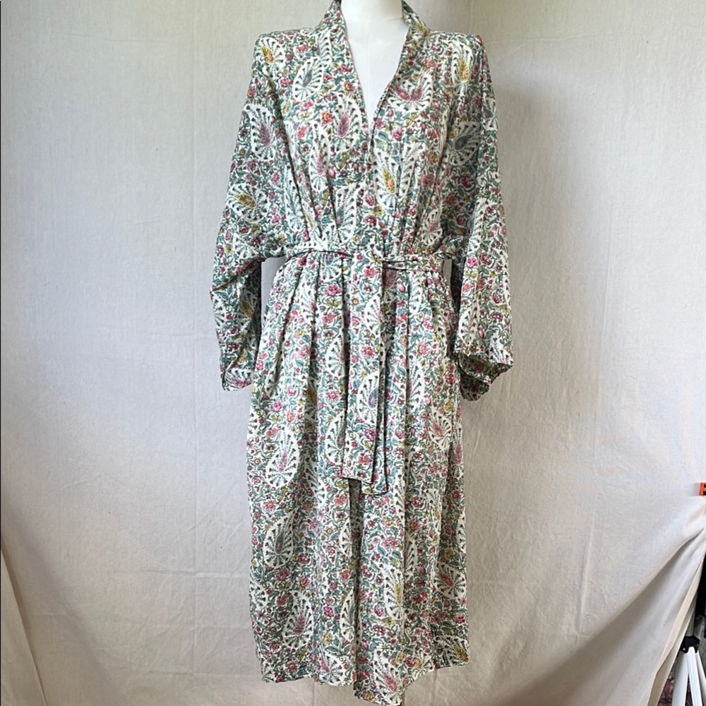 100% Cotton. Kimono style spring summer robe. Bespoke blockprint fabric.